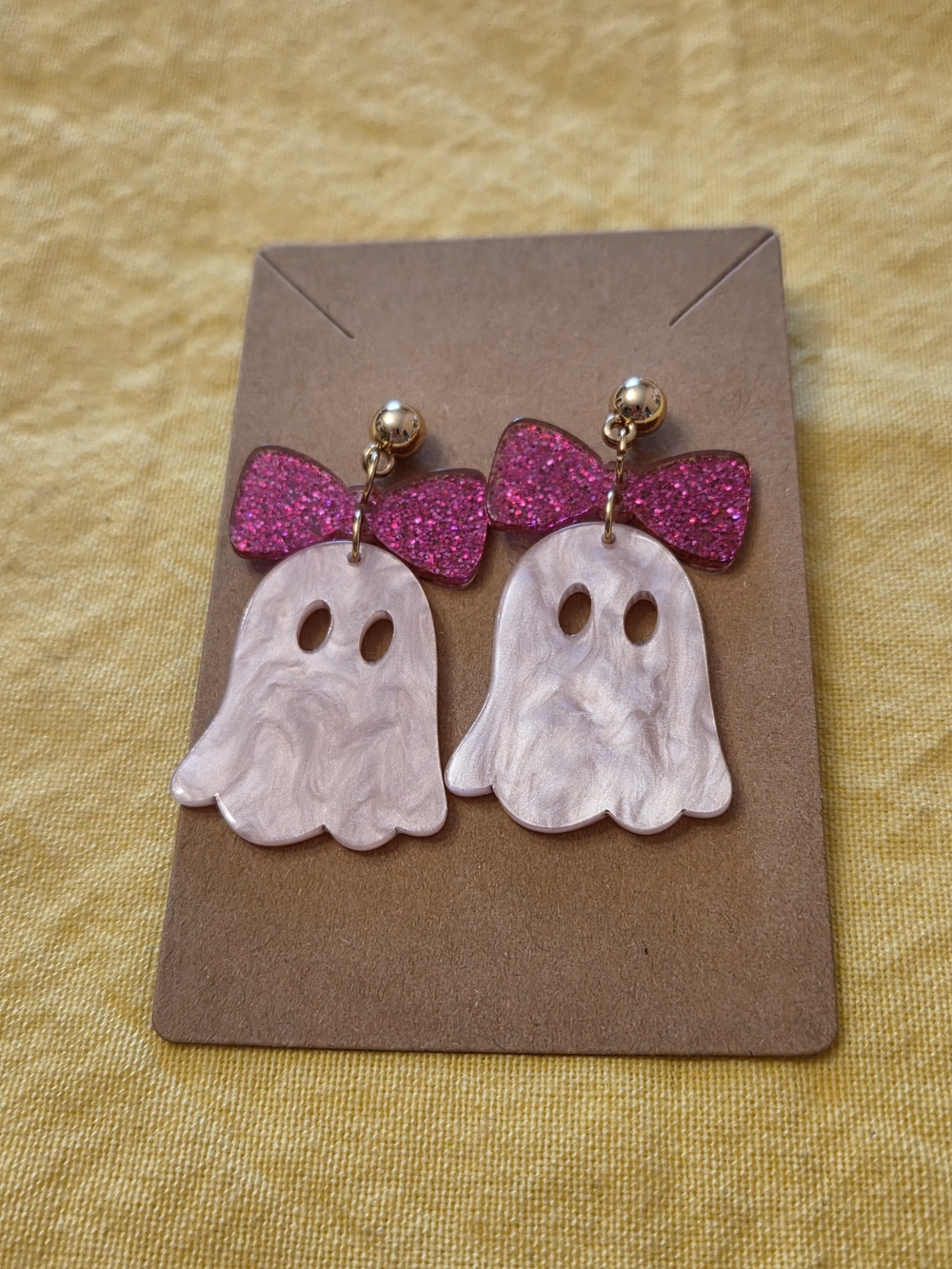 Halloween Pearly Pink Ghost Earrings With Sparkly Bows